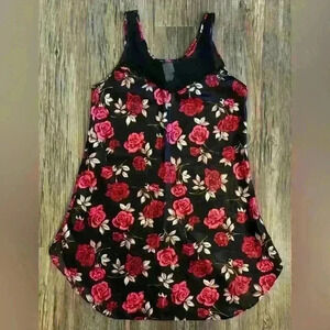 Vtg Gilligan & O'Malley Slip Dress Medium Nightgown Babydoll Black Red Rose Mesh